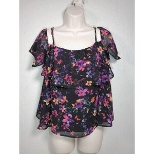 Decree Womens Top Size XL‎ Cold Shoulder Spaghetti Strap Black Purple Lined